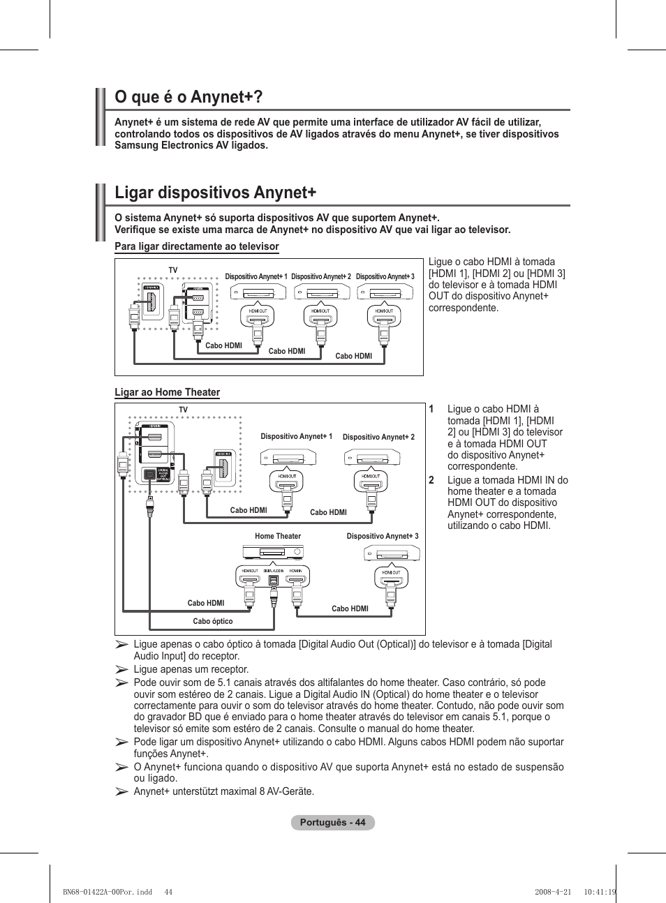 O que é o anynet, Ligar dispositivos anynet | Samsung PS50A476P1D User Manual | Page 377 / 444