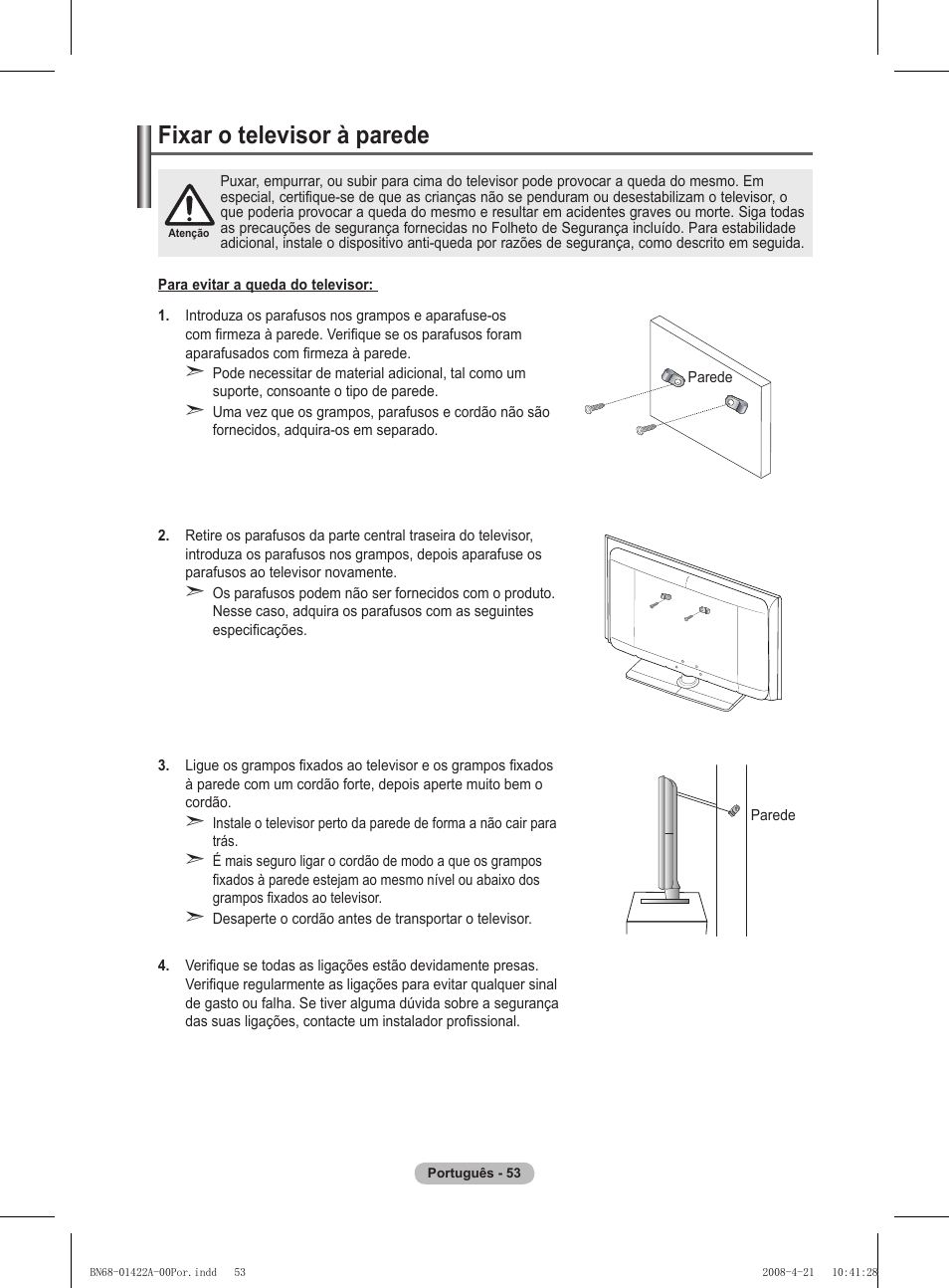 Fixar o televisor à parede | Samsung PS50A476P1D User Manual | Page 386 / 444