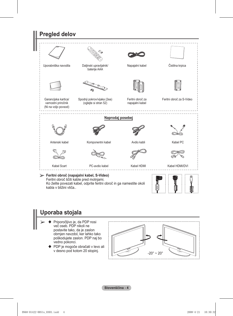 Uporaba stojala, Pregled delov | Samsung PS50A476P1D User Manual | Page 392 / 444