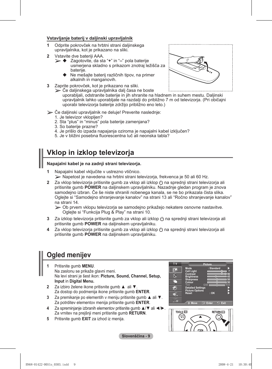 Vklop in izklop televizorja, Ogled menijev | Samsung PS50A476P1D User Manual | Page 397 / 444