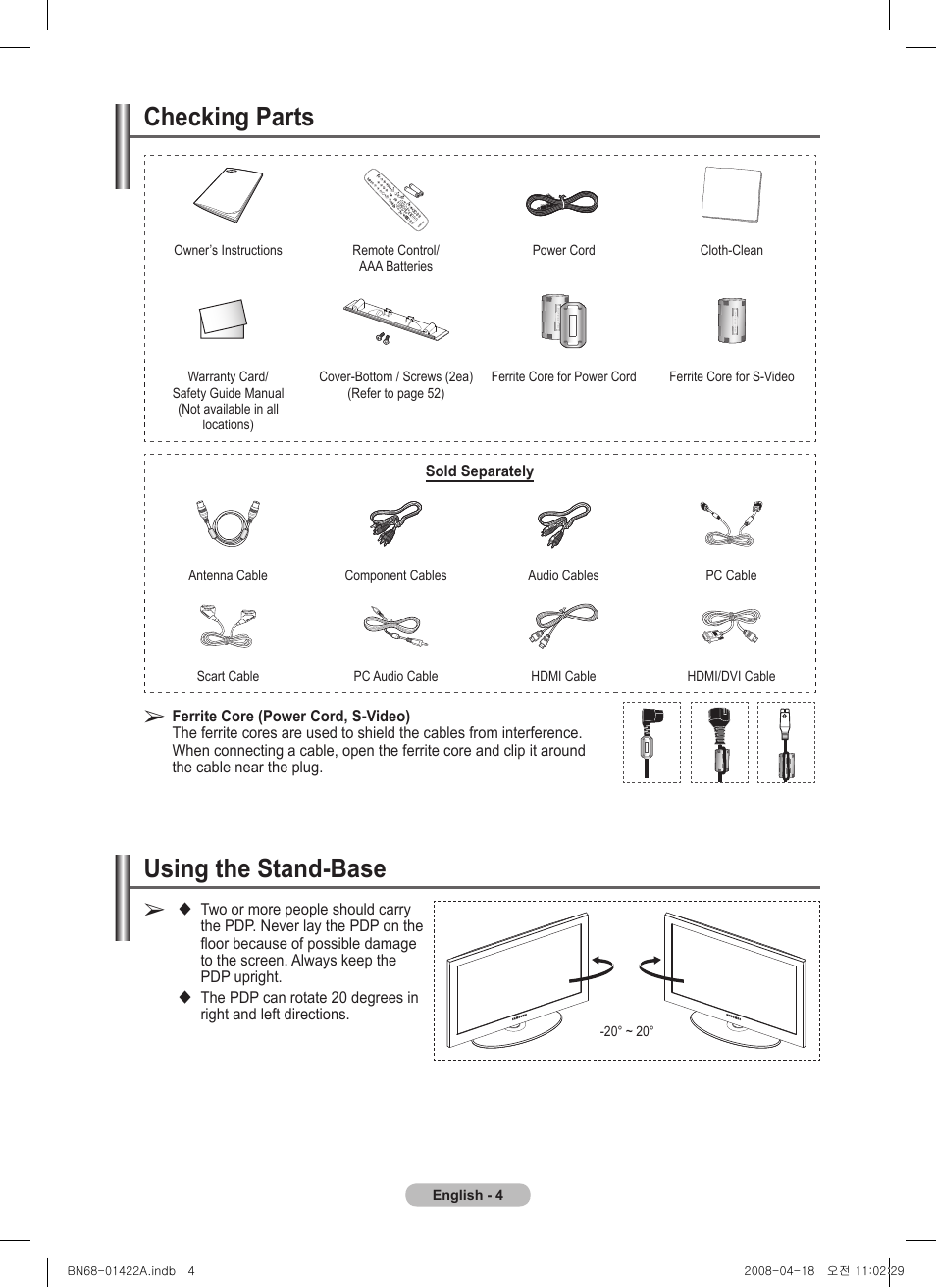 Checking parts, Using the stand-base | Samsung PS50A476P1D User Manual | Page 4 / 444