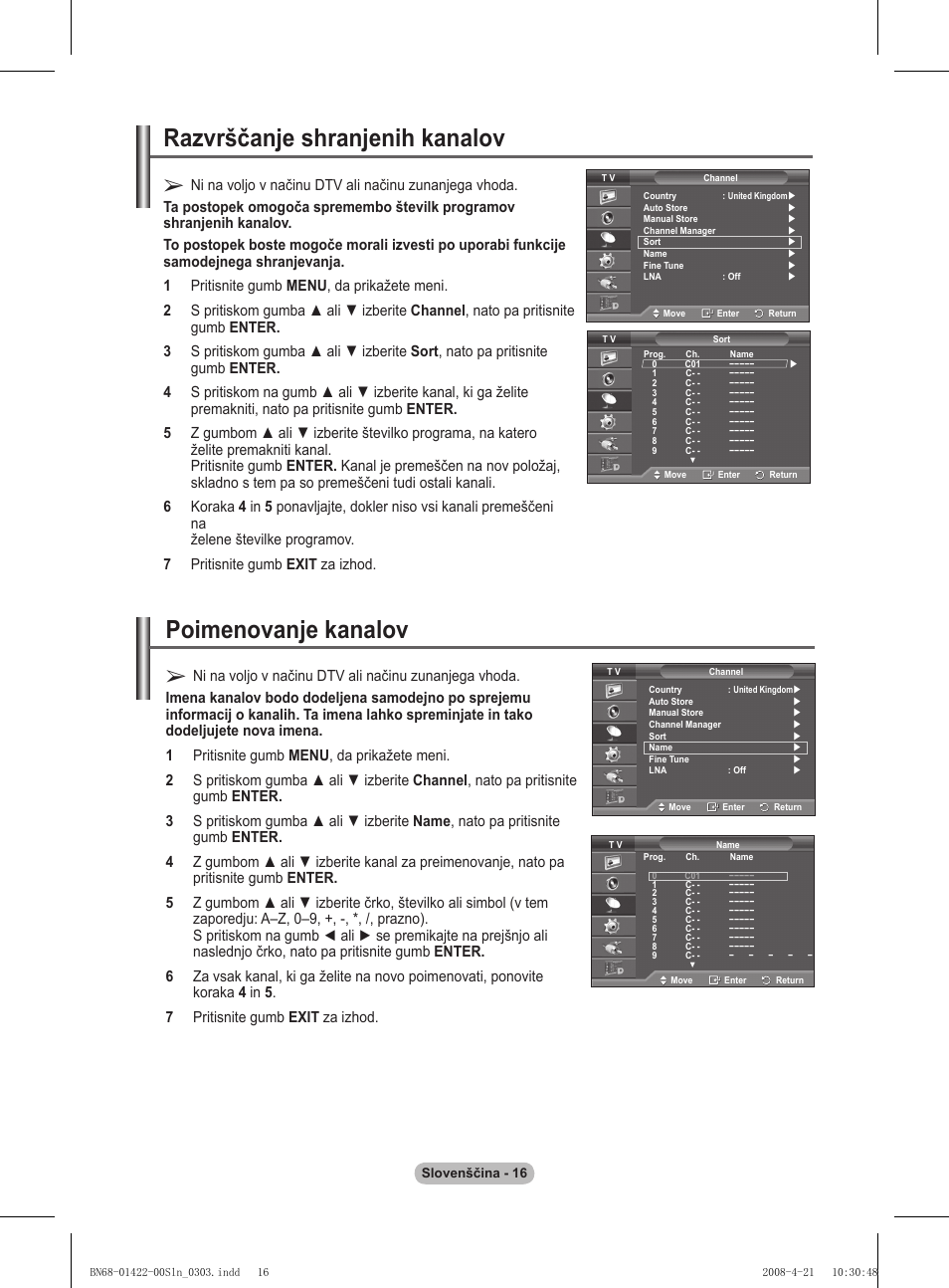 Razvrščanje shranjenih kanalov, Poimenovanje kanalov | Samsung PS50A476P1D User Manual | Page 404 / 444