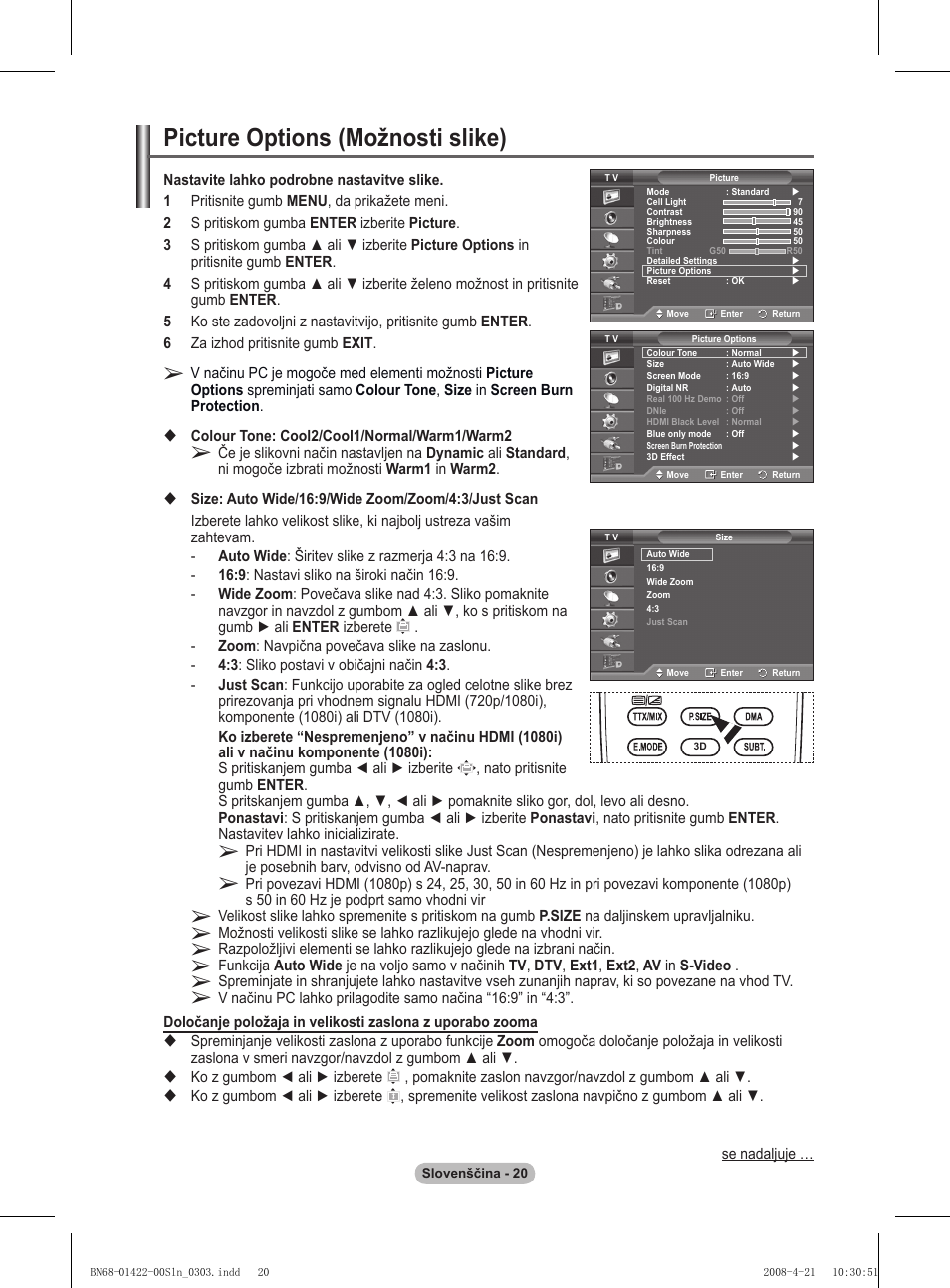 Picture options (možnosti slike) | Samsung PS50A476P1D User Manual | Page 408 / 444