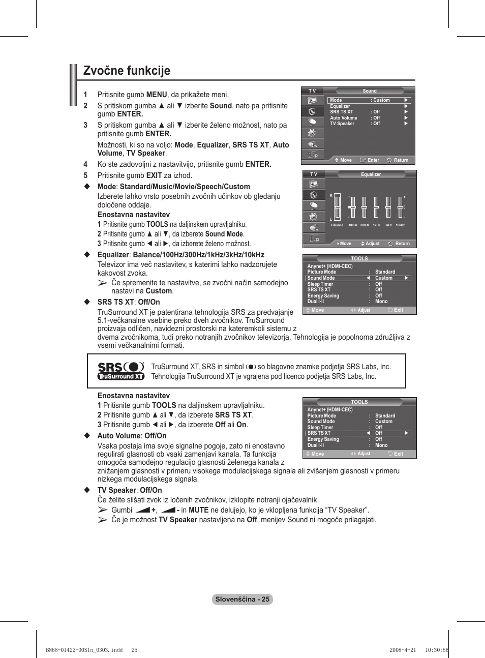 Zvočne funkcije | Samsung PS50A476P1D User Manual | Page 413 / 444