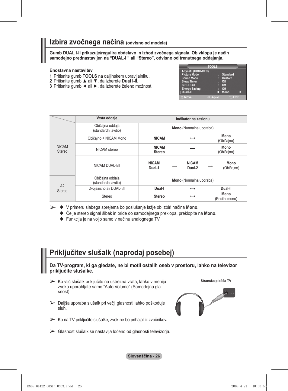 Izbira zvočnega načina, Priključitev slušalk (naprodaj posebej) | Samsung PS50A476P1D User Manual | Page 414 / 444