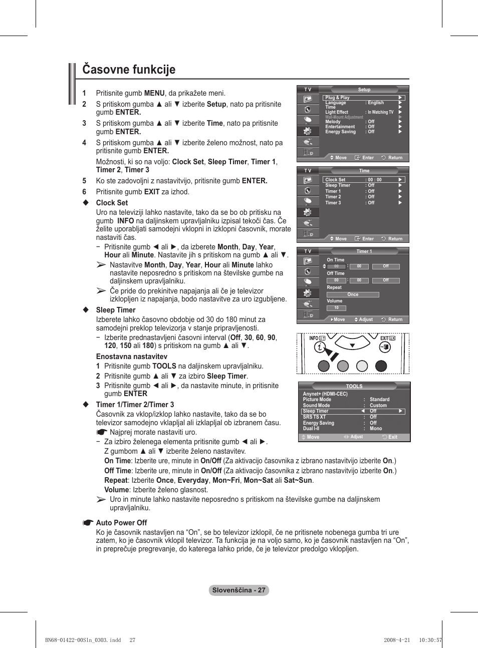 Časovne funkcije | Samsung PS50A476P1D User Manual | Page 415 / 444