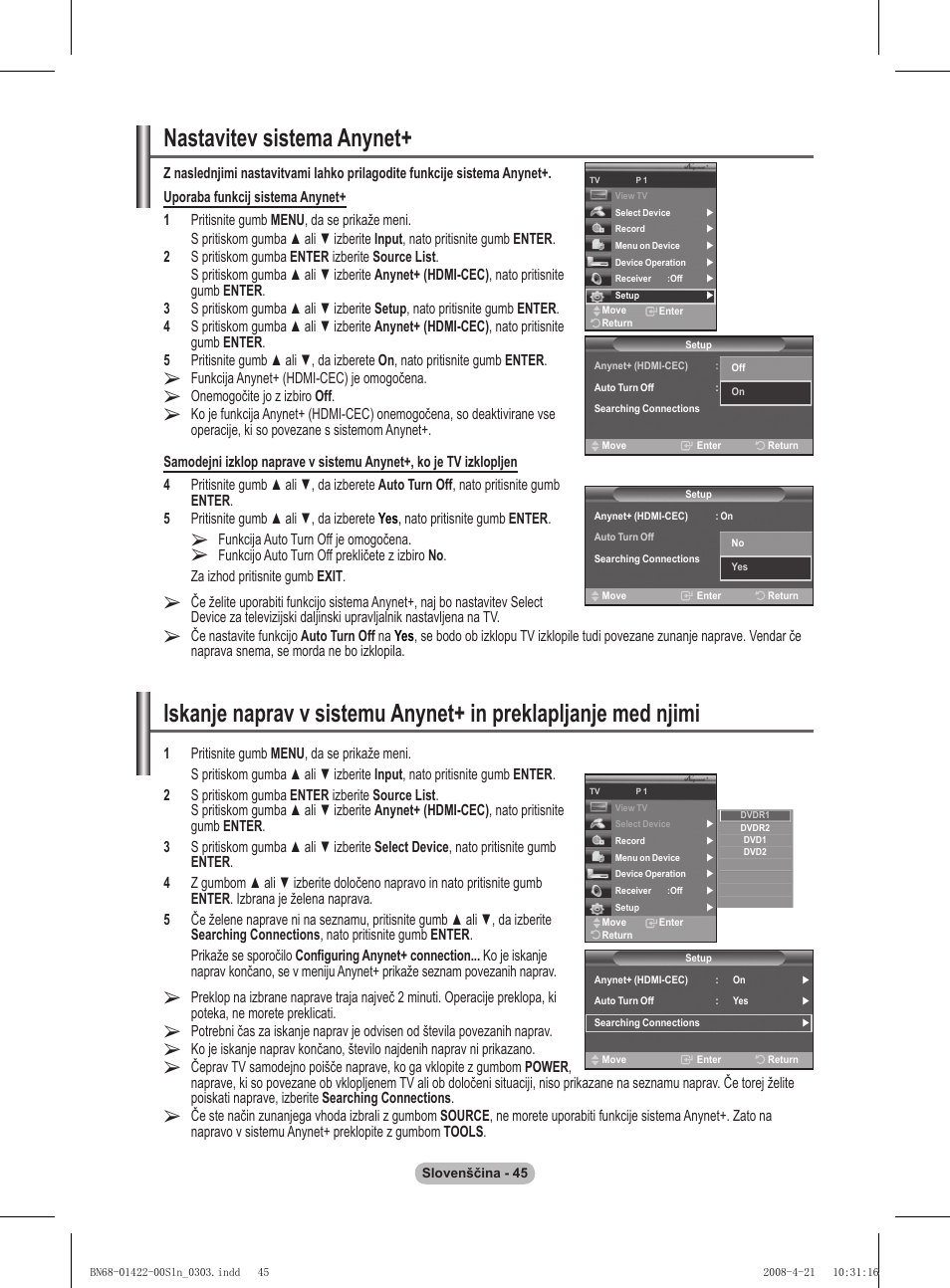 Nastavitev sistema anynet | Samsung PS50A476P1D User Manual | Page 433 / 444