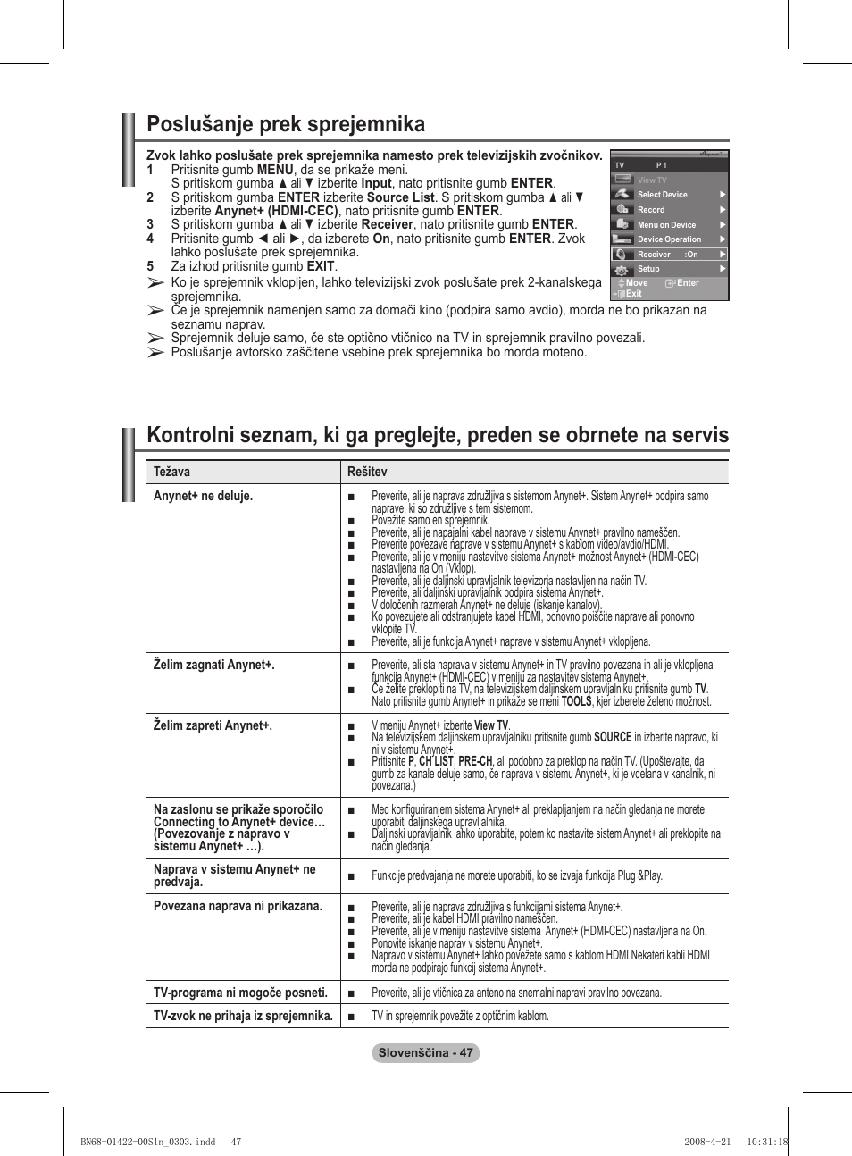 Poslušanje prek sprejemnika | Samsung PS50A476P1D User Manual | Page 435 / 444