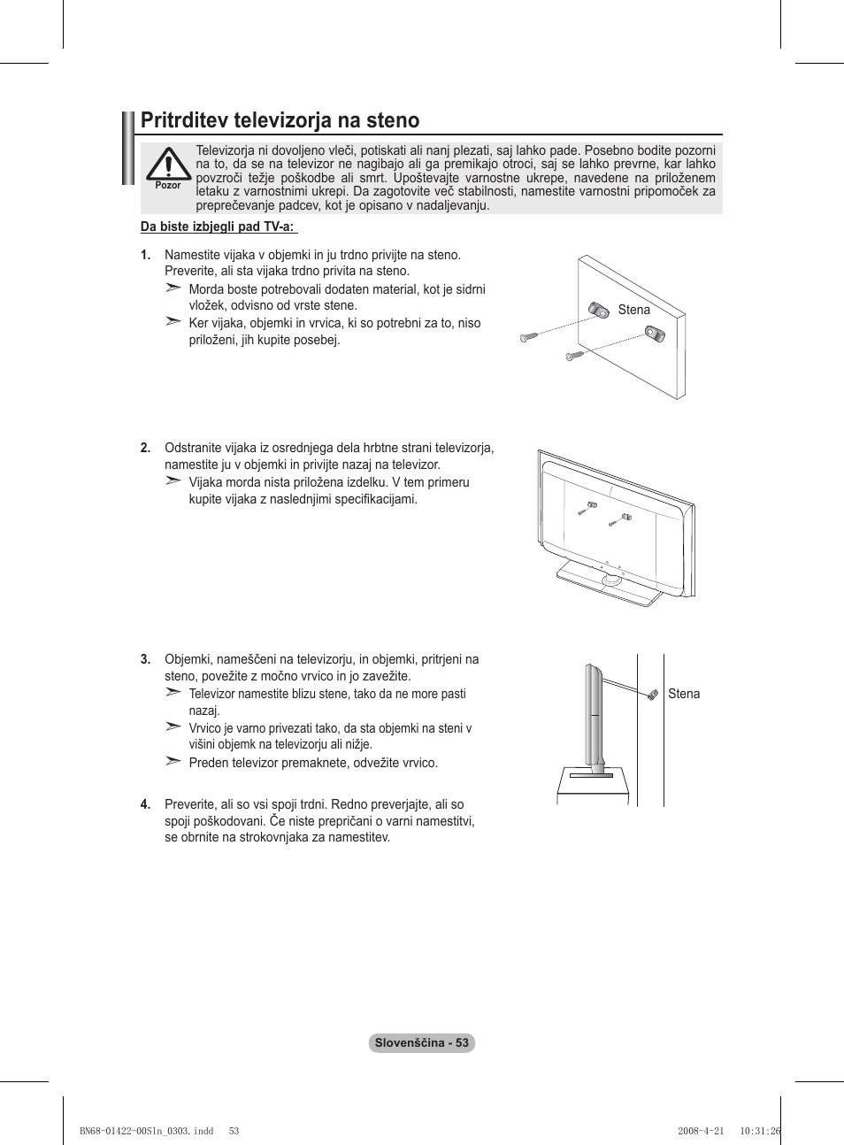 Pritrditev televizorja na steno | Samsung PS50A476P1D User Manual | Page 441 / 444