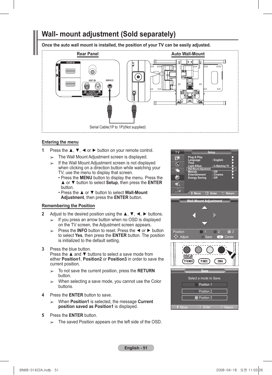 Wall- mount adjustment (sold separately) | Samsung PS50A476P1D User Manual | Page 51 / 444