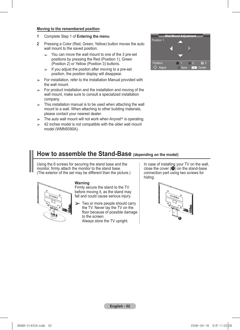 How to assemble the stand-base | Samsung PS50A476P1D User Manual | Page 52 / 444