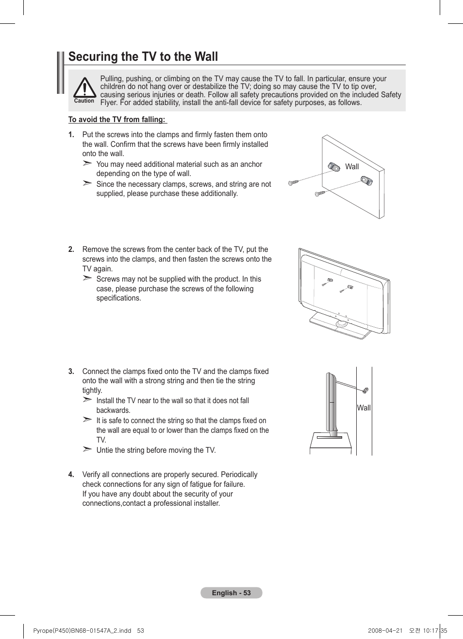 Securing the tv to the wall | Samsung PS50A476P1D User Manual | Page 53 / 444