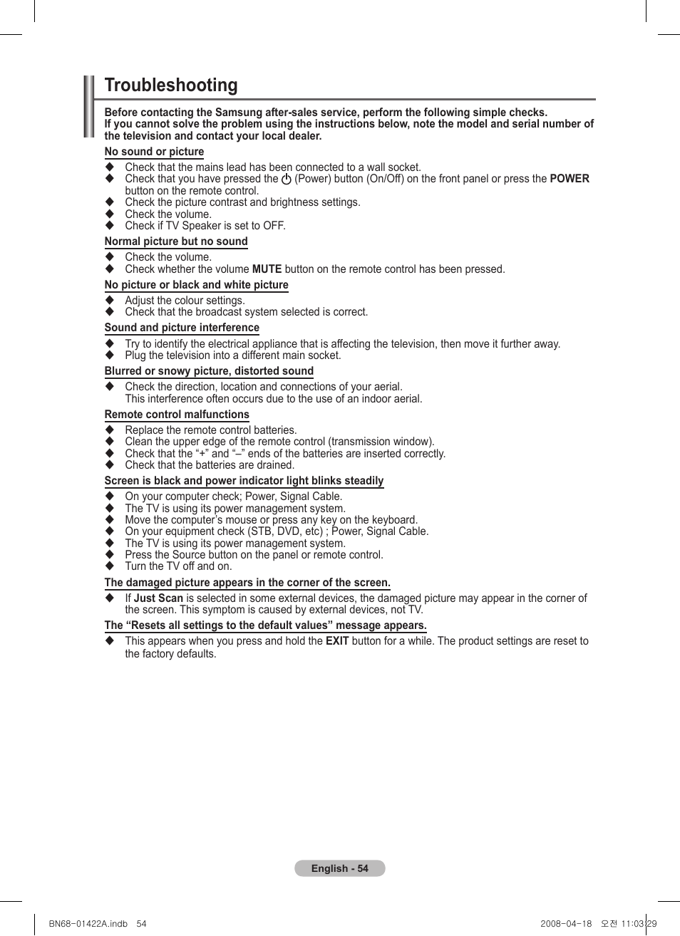 Troubleshooting | Samsung PS50A476P1D User Manual | Page 54 / 444
