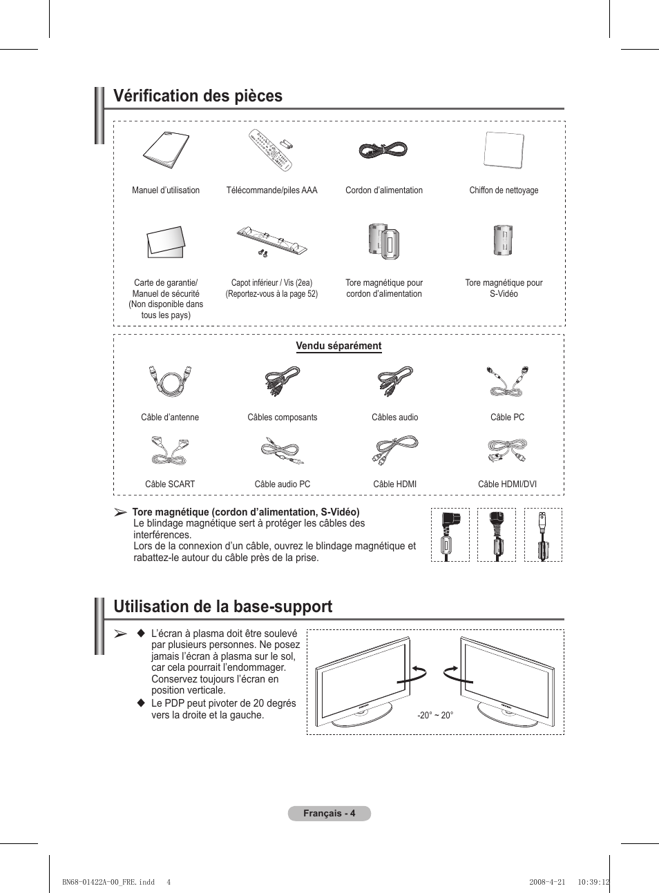Vérification des pièces, Utilisation de la base-support | Samsung PS50A476P1D User Manual | Page 60 / 444