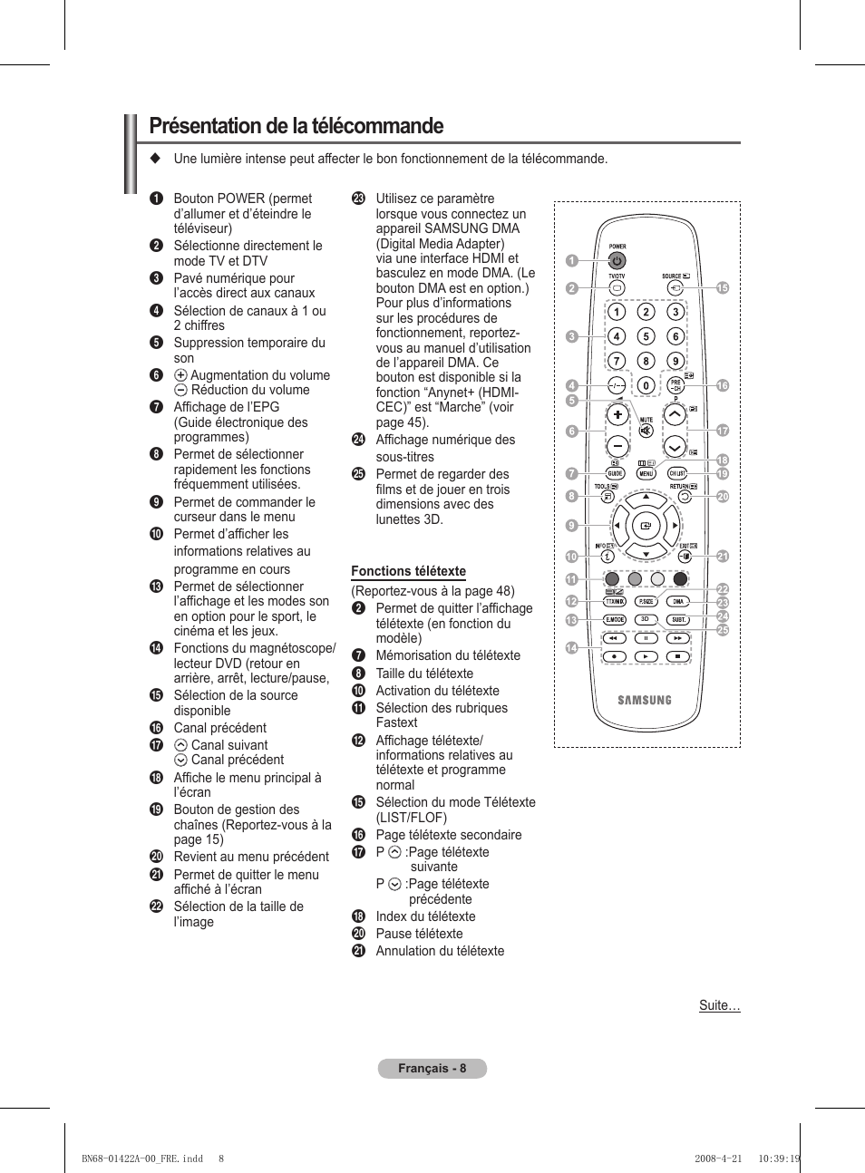 Présentation de la télécommande | Samsung PS50A476P1D User Manual | Page 64 / 444