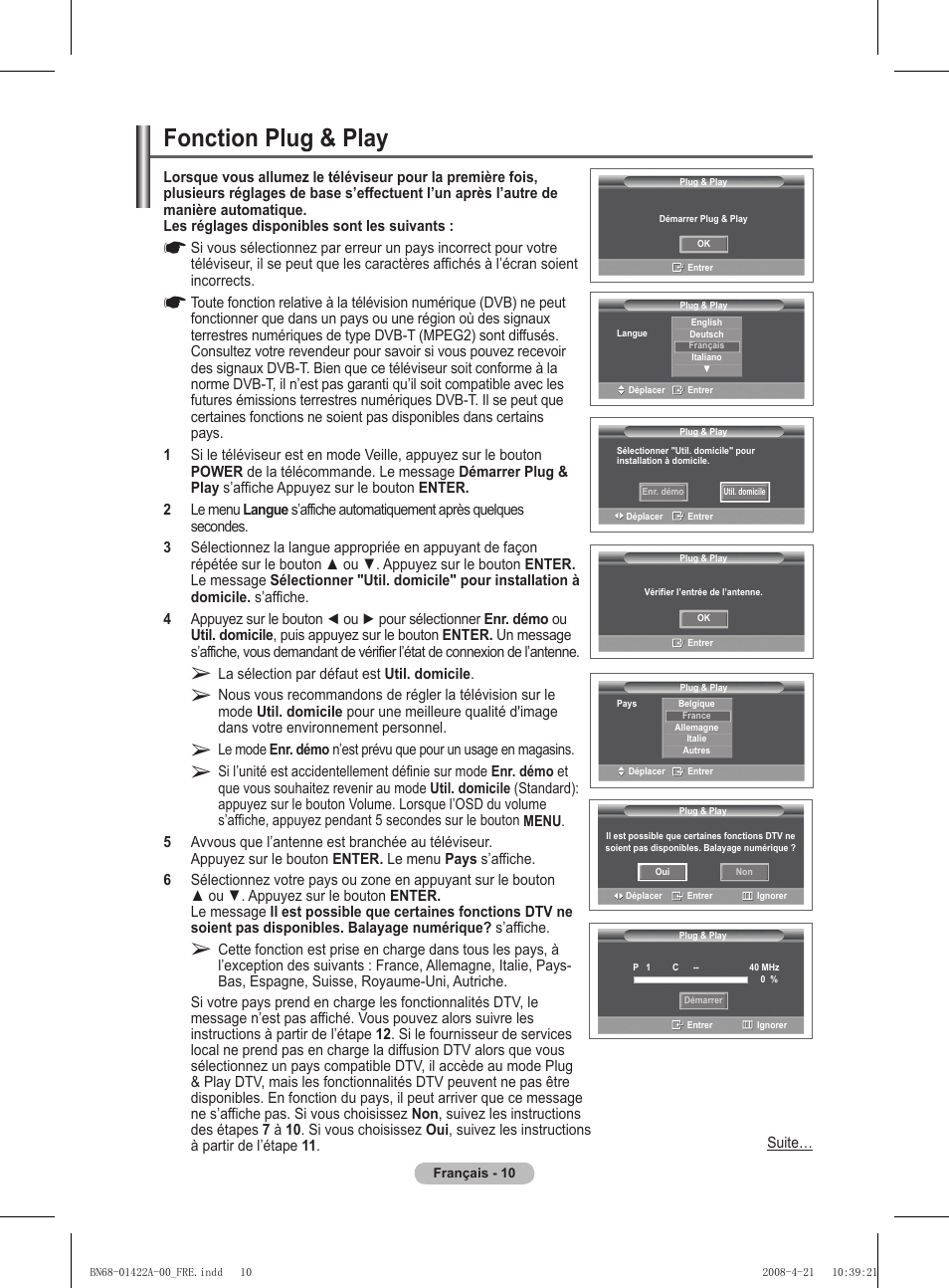 Fonction plug & play | Samsung PS50A476P1D User Manual | Page 66 / 444