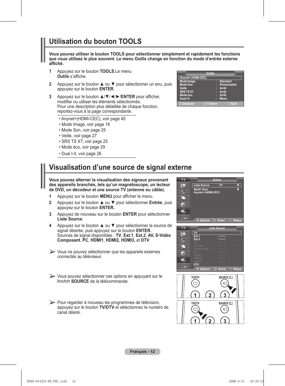 Utilisation du bouton tools, Visualisation d’une source de signal externe | Samsung PS50A476P1D User Manual | Page 68 / 444