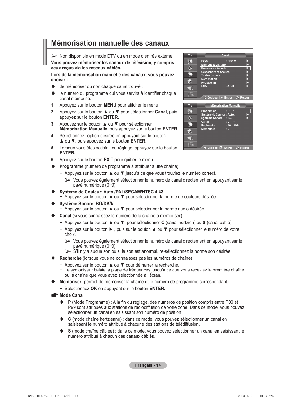 Mémorisation manuelle des canaux | Samsung PS50A476P1D User Manual | Page 70 / 444