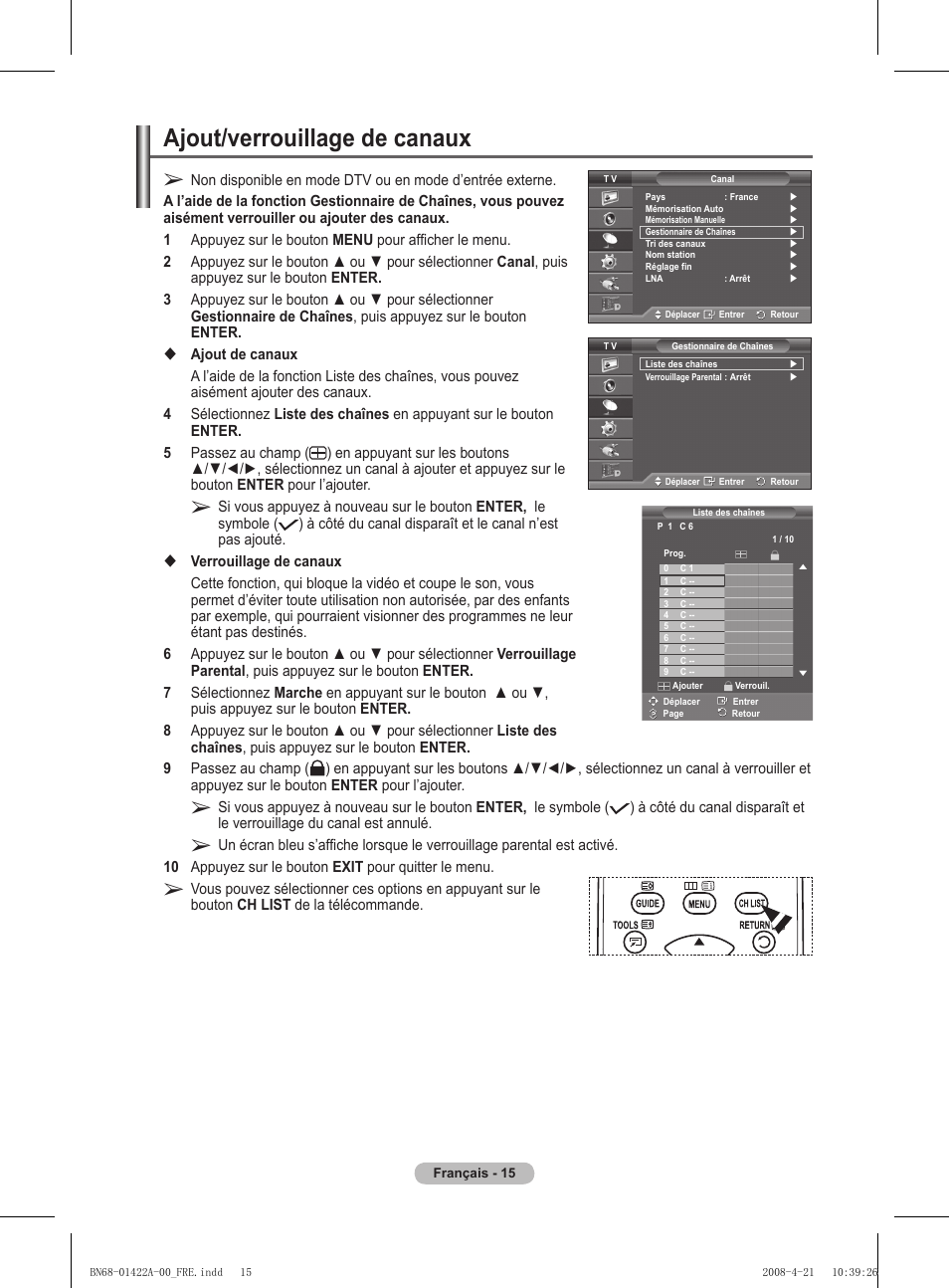 Ajout/verrouillage de canaux | Samsung PS50A476P1D User Manual | Page 71 / 444