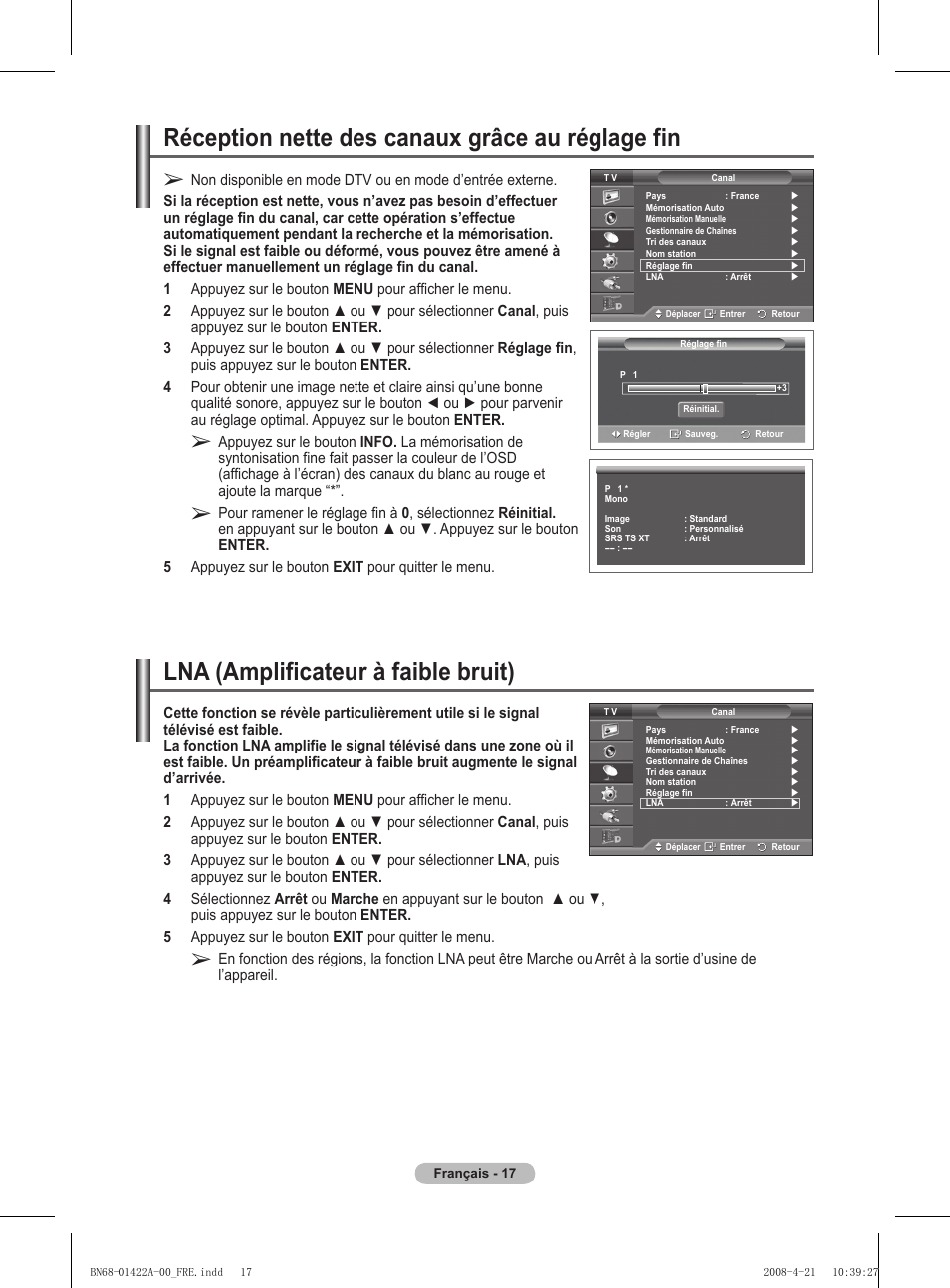 Réception nette des canaux grâce au réglage fin, Lna (amplificateur à faible bruit) | Samsung PS50A476P1D User Manual | Page 73 / 444