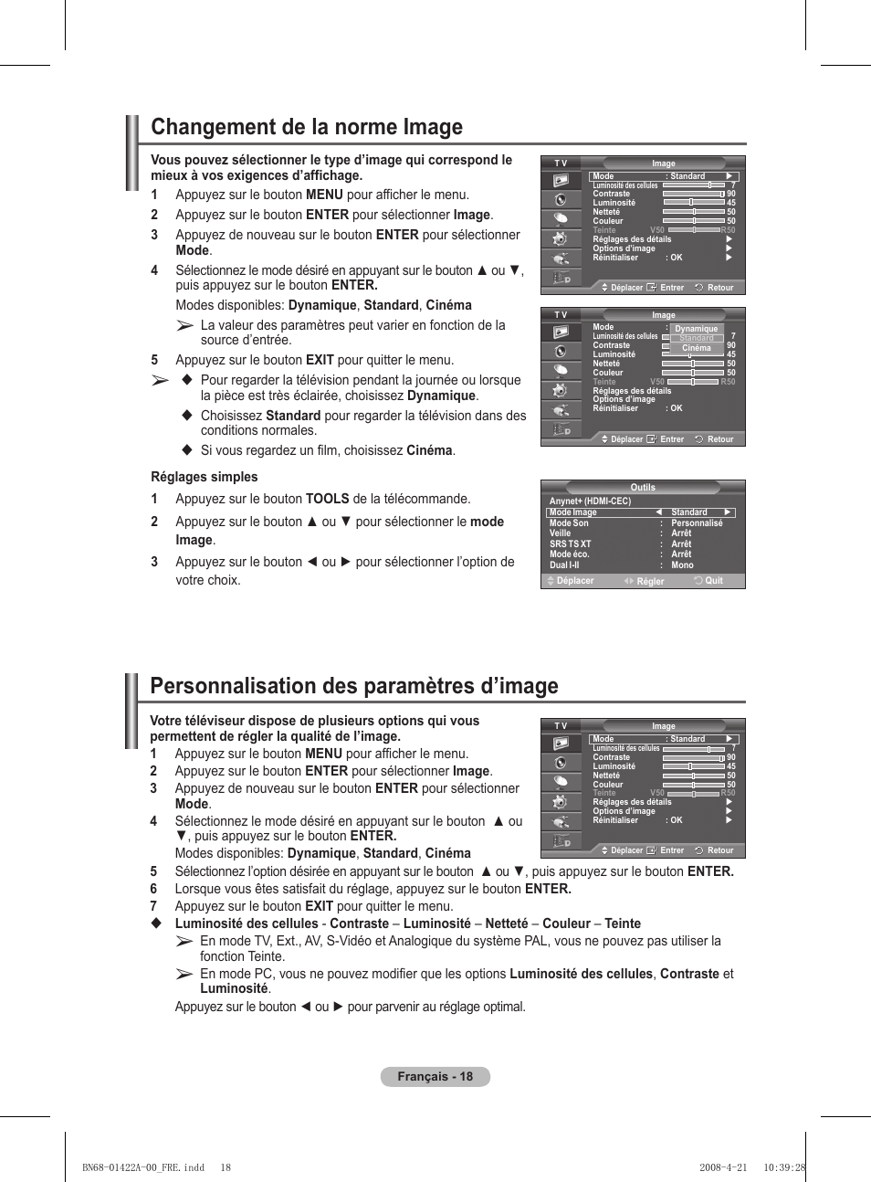 Personnalisation des paramètres d’image, Changement de la norme image | Samsung PS50A476P1D User Manual | Page 74 / 444