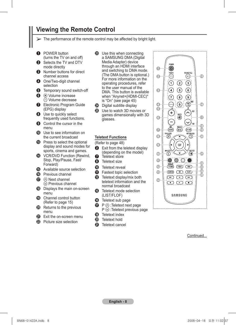 Viewing the remote control | Samsung PS50A476P1D User Manual | Page 8 / 444