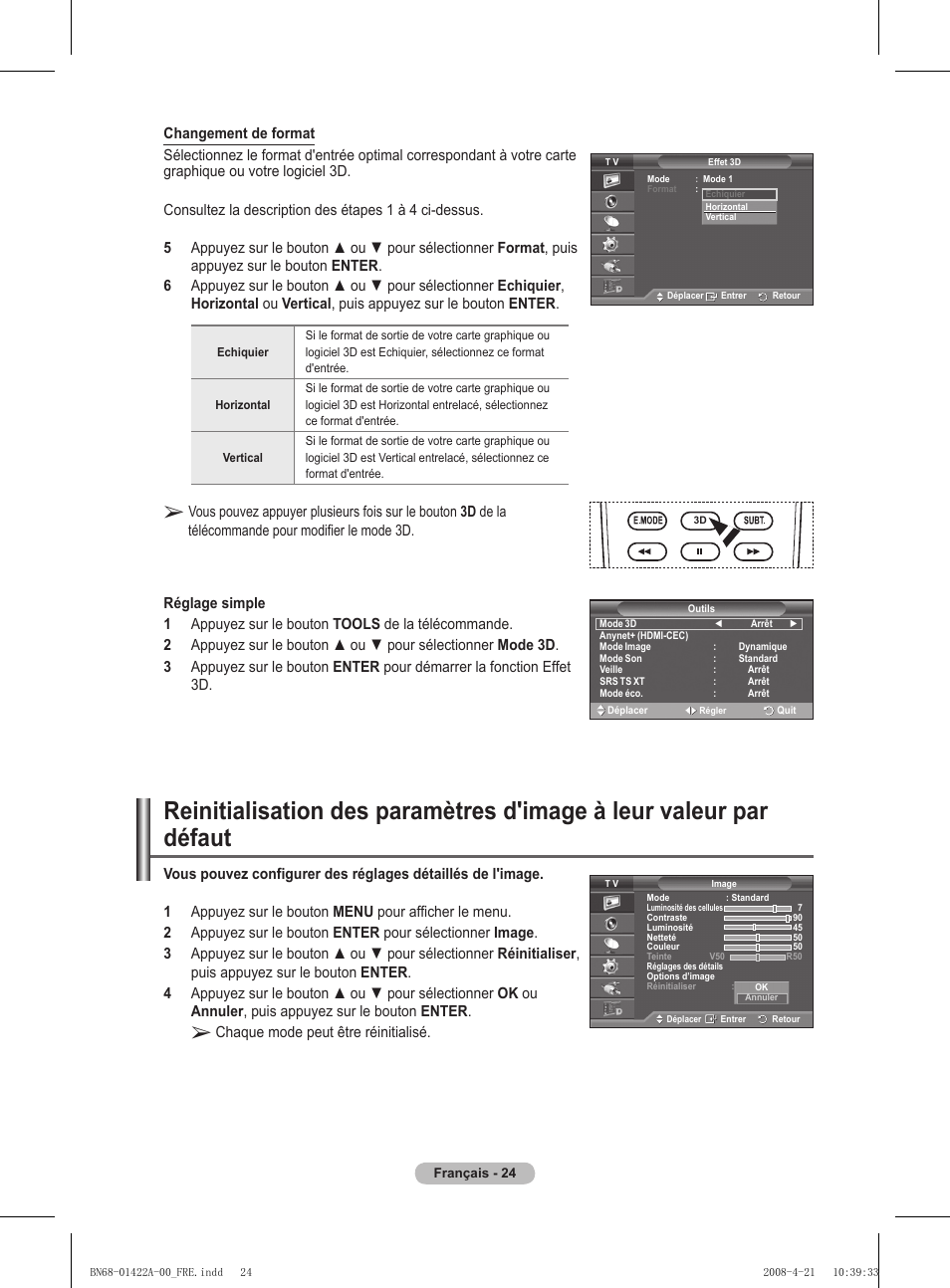 Chaque mode peut être réinitialisé | Samsung PS50A476P1D User Manual | Page 80 / 444