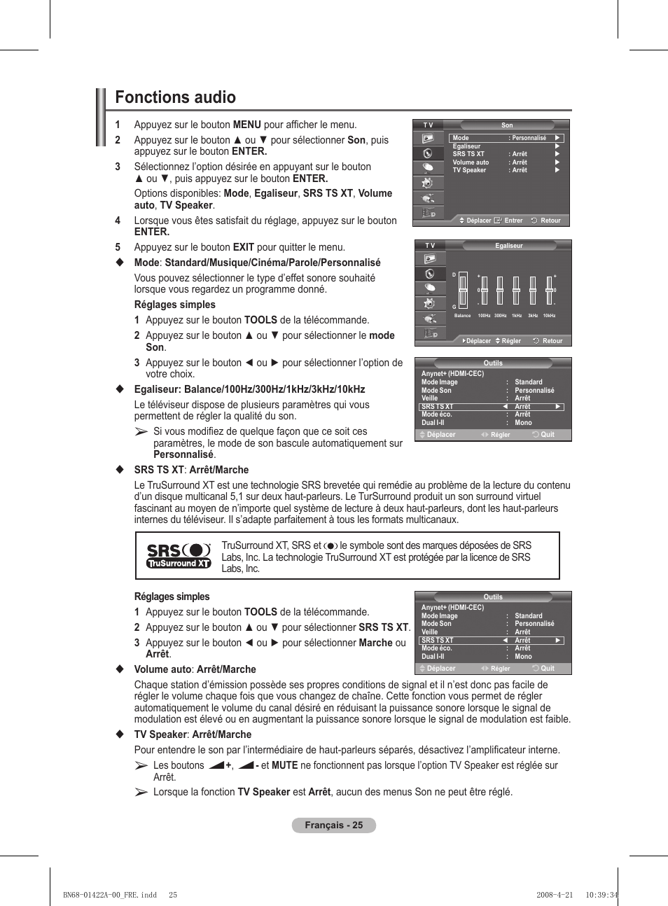 Fonctions audio | Samsung PS50A476P1D User Manual | Page 81 / 444
