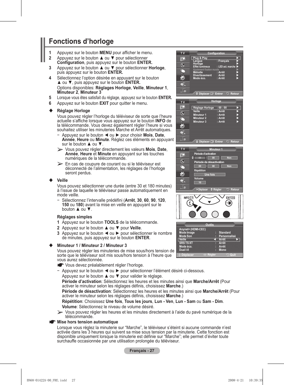 Fonctions d’horloge | Samsung PS50A476P1D User Manual | Page 83 / 444