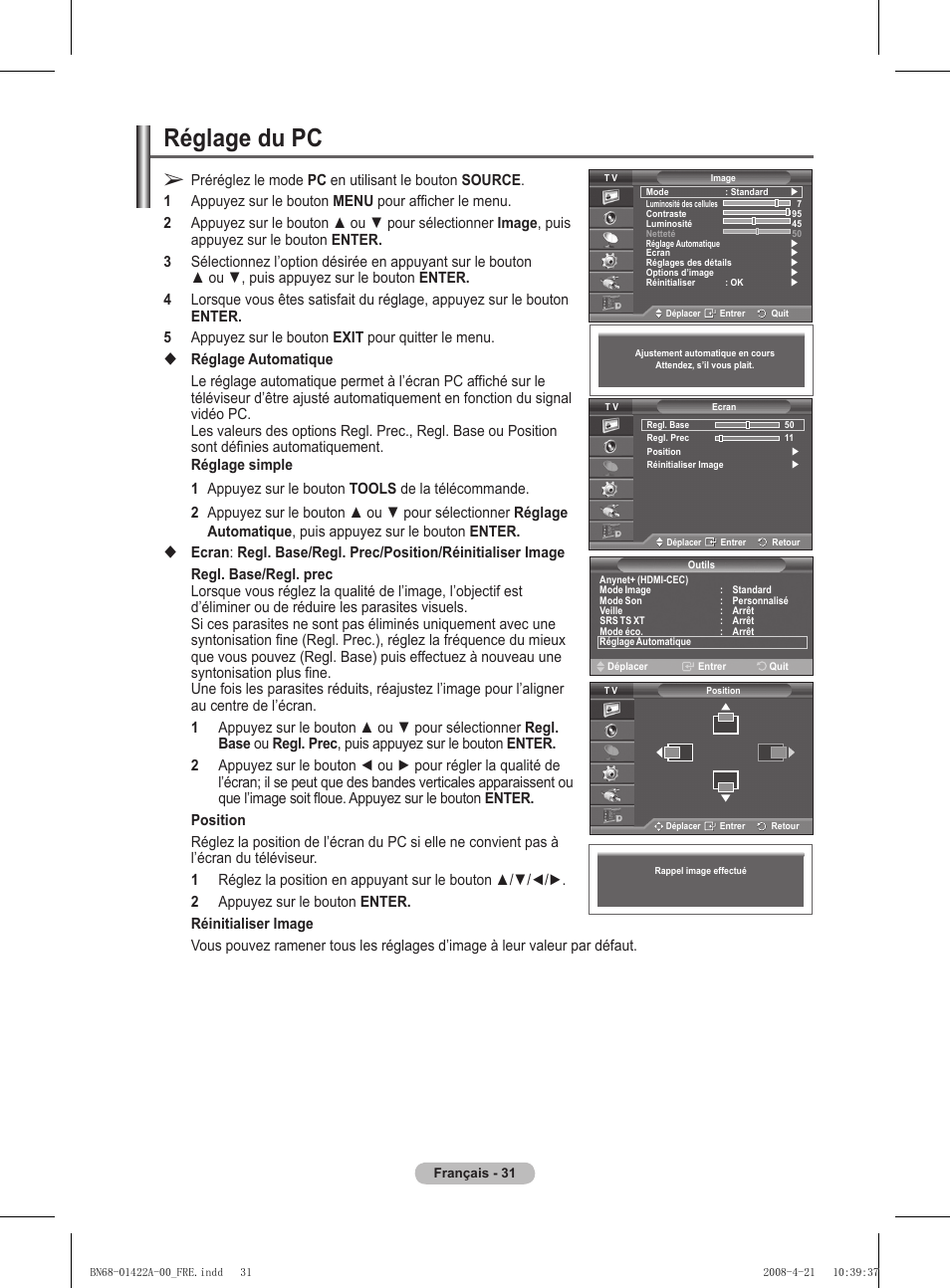 Réglage du pc | Samsung PS50A476P1D User Manual | Page 87 / 444