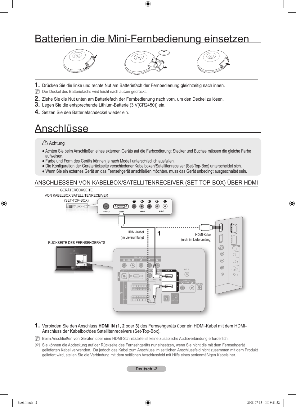 Anschlüsse, Batterien in die mini-fernbedienung einsetzen | Samsung LE46A900G1F User Manual | Page 10 / 32