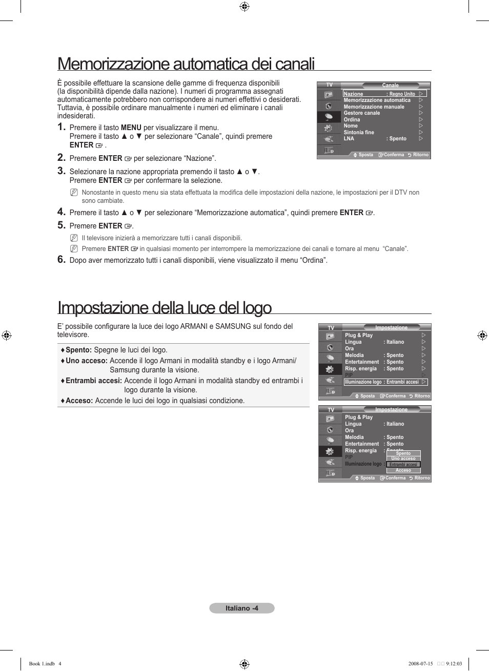 Impostazione della luce del logo | Samsung LE46A900G1F User Manual | Page 20 / 32