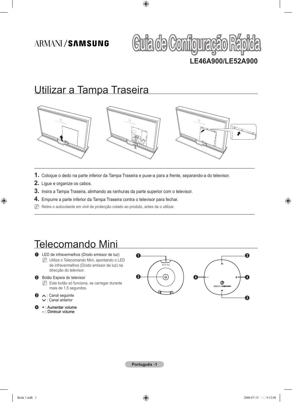 Guia de configuração rápida, Utilizar a tampa traseira, Telecomando mini | Samsung LE46A900G1F User Manual | Page 25 / 32