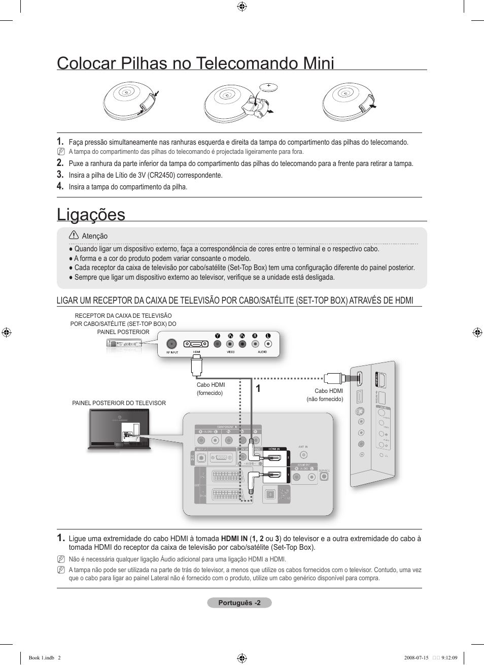 Ligações, Colocar pilhas no telecomando mini | Samsung LE46A900G1F User Manual | Page 26 / 32