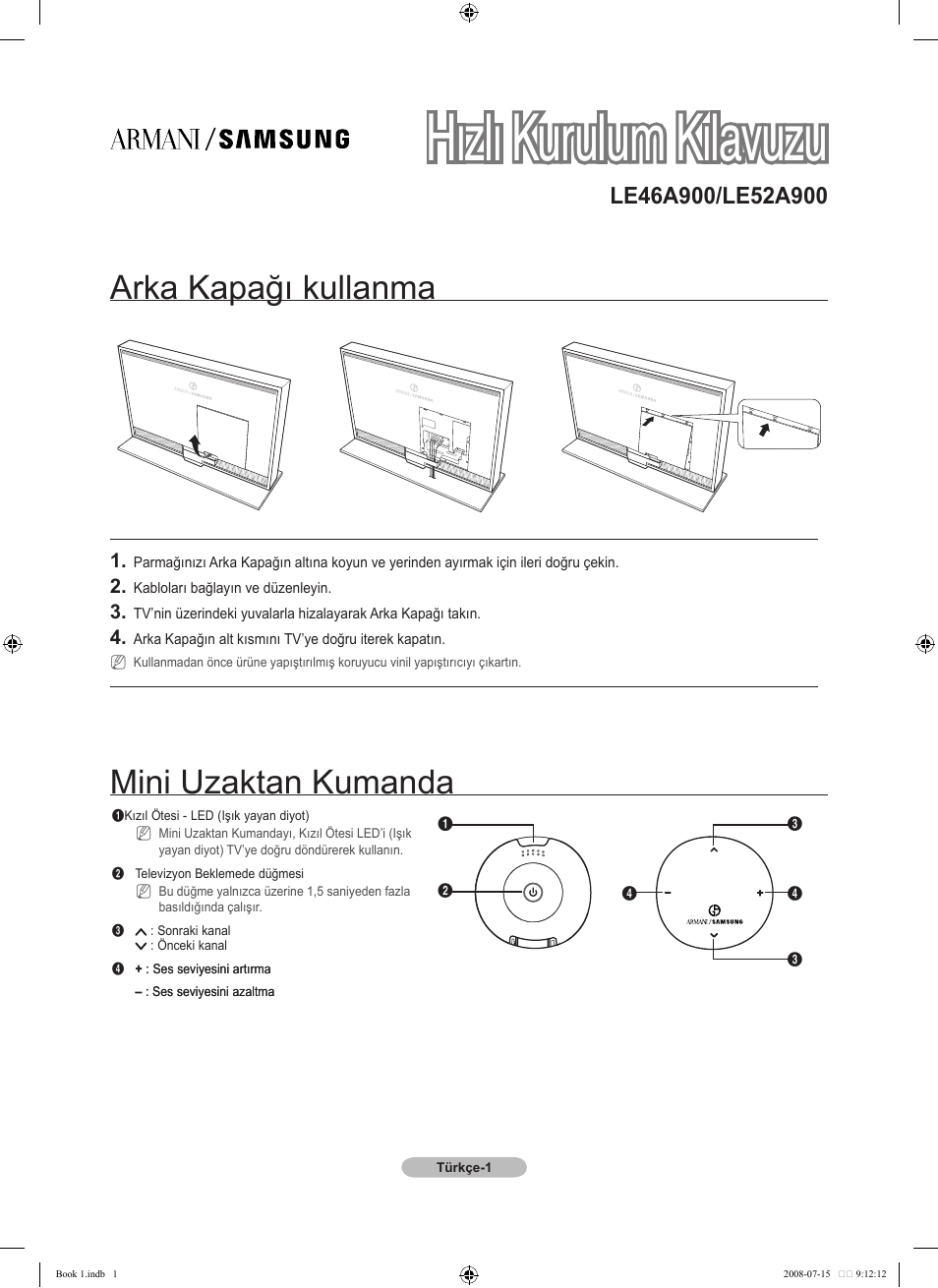 Hızlı kurulum kılavuzu, Arka kapağı kullanma, Mini uzaktan kumanda | Samsung LE46A900G1F User Manual | Page 29 / 32