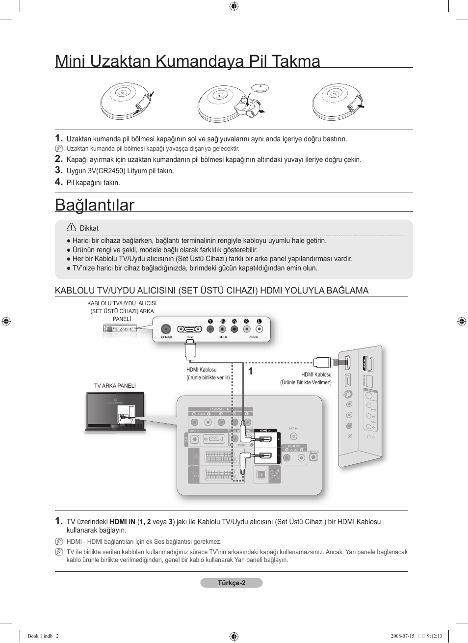 Bağlantılar, Mini uzaktan kumandaya pil takma | Samsung LE46A900G1F User Manual | Page 30 / 32