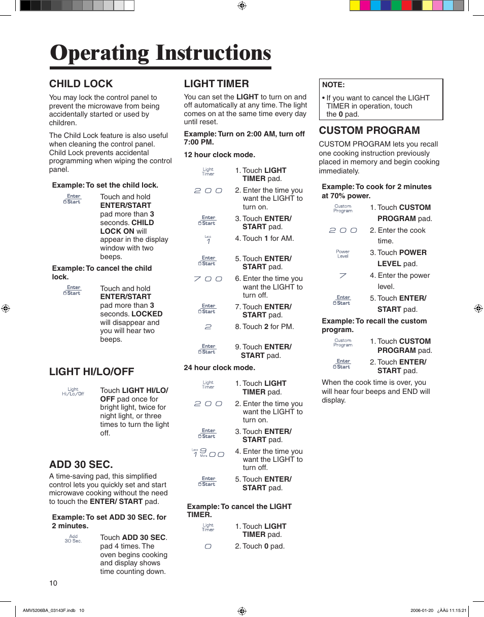 Operating instructions, Child lock, Light hi/lo/off | Add 30 sec, Light timer, Custom program | Amana AMV5206BA User Manual | Page 10 / 84