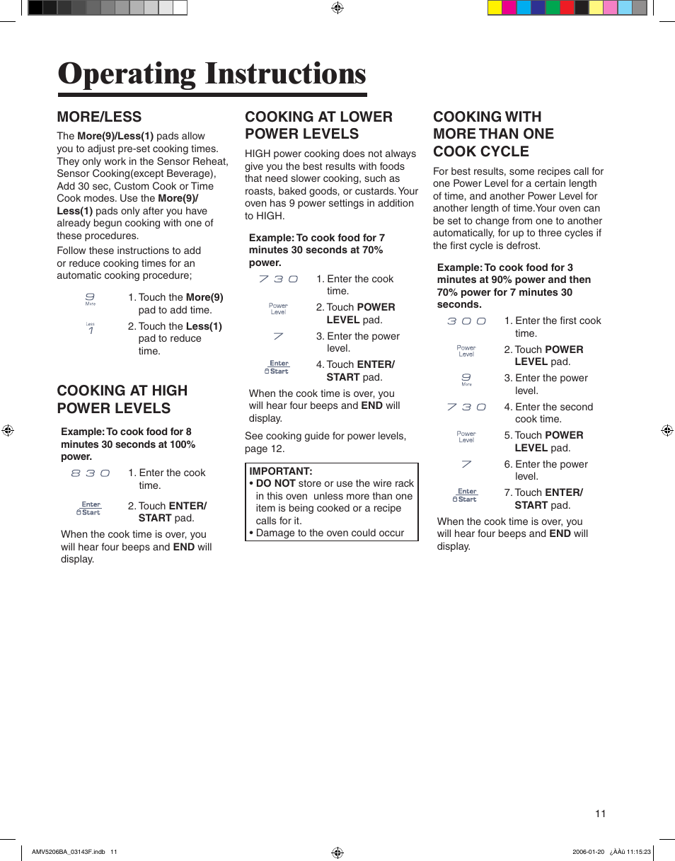 Operating instructions, More/less, Cooking at high power levels | Cooking at lower power levels, Cooking with more than one cook cycle | Amana AMV5206BA User Manual | Page 11 / 84