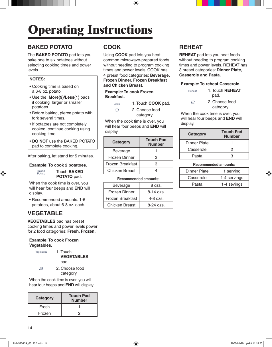 Operating instructions, Baked potato, Vegetable | Cook, Reheat | Amana AMV5206BA User Manual | Page 14 / 84