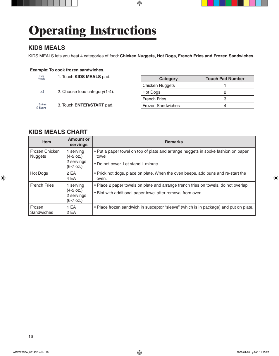 Operating instructions, Kids meals, Kids meals chart | Amana AMV5206BA User Manual | Page 16 / 84