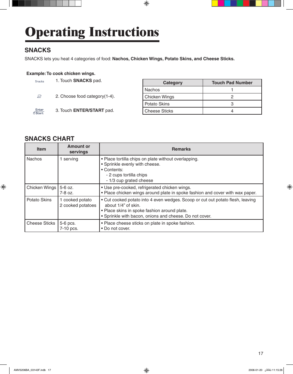 Operating instructions, Snacks, Snacks chart | Amana AMV5206BA User Manual | Page 17 / 84