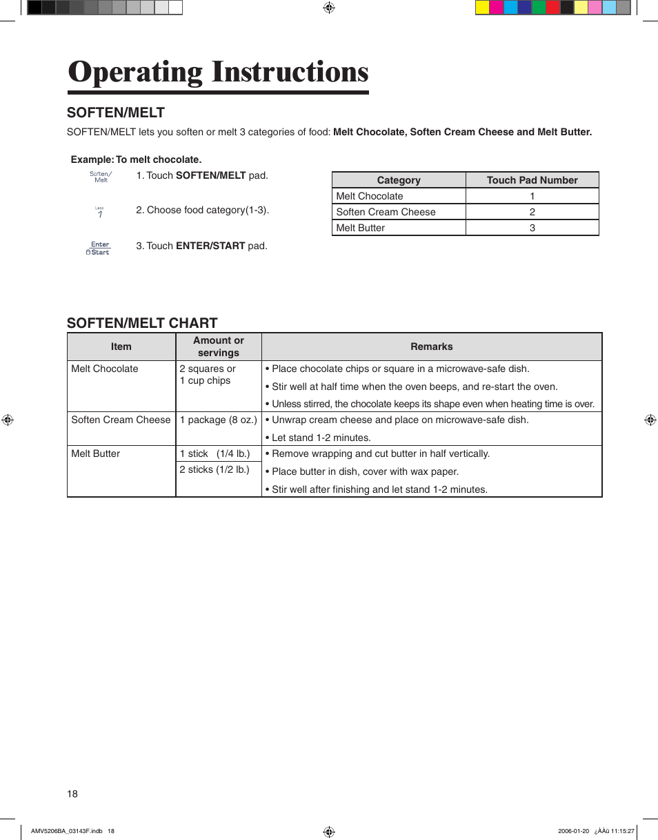 Operating instructions, Soften/melt, Soften/melt chart | Amana AMV5206BA User Manual | Page 18 / 84