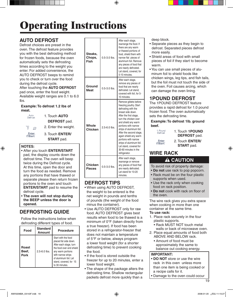 Operating instructions, Defrost tips, Auto defrost | Defrosting guide, 1pound defrost, Wire rack caution | Amana AMV5206BA User Manual | Page 19 / 84