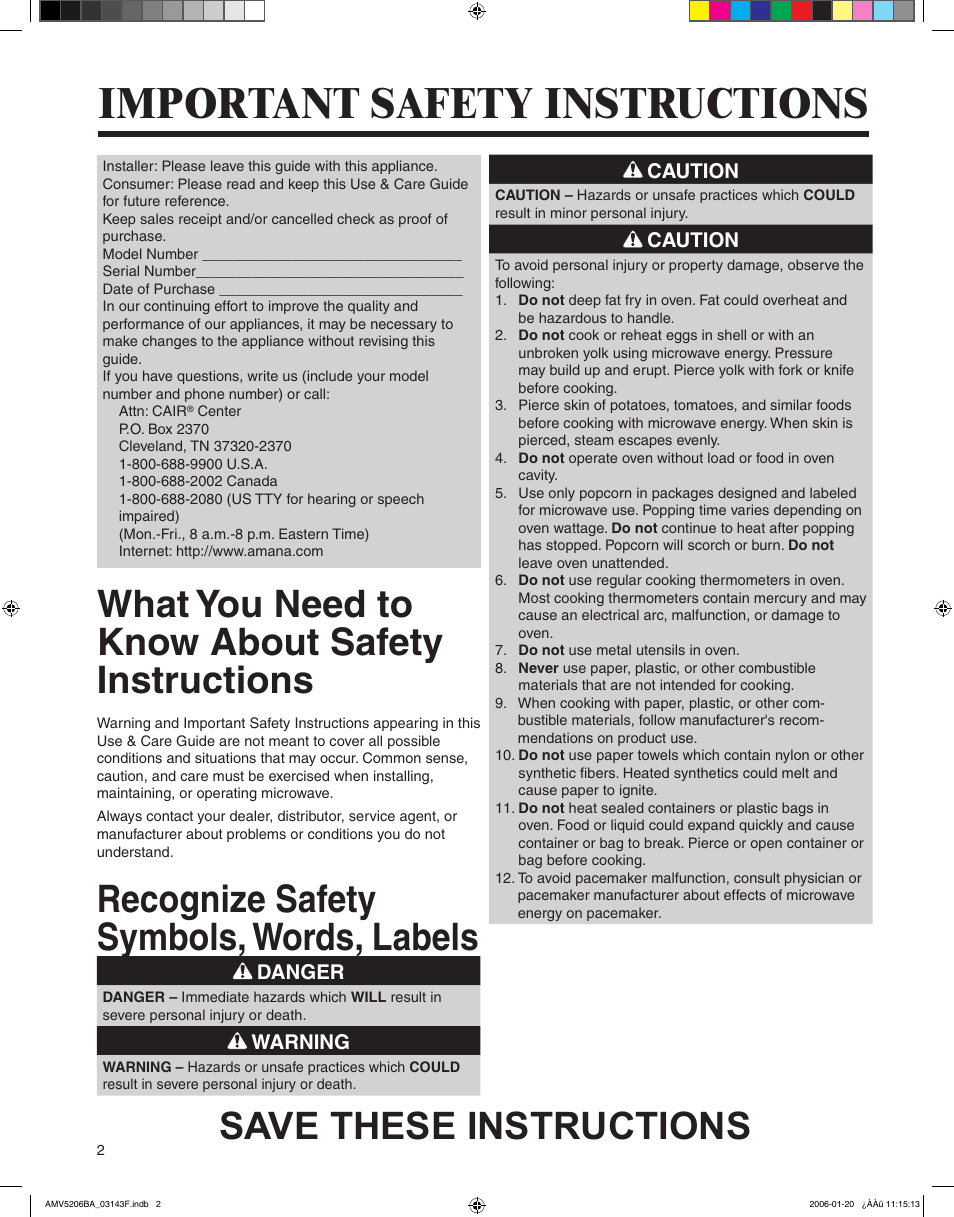 Important safety instructions, What you need to know about safety instructions, Recognize safety symbols, words, labels | Save these instructions | Amana AMV5206BA User Manual | Page 2 / 84