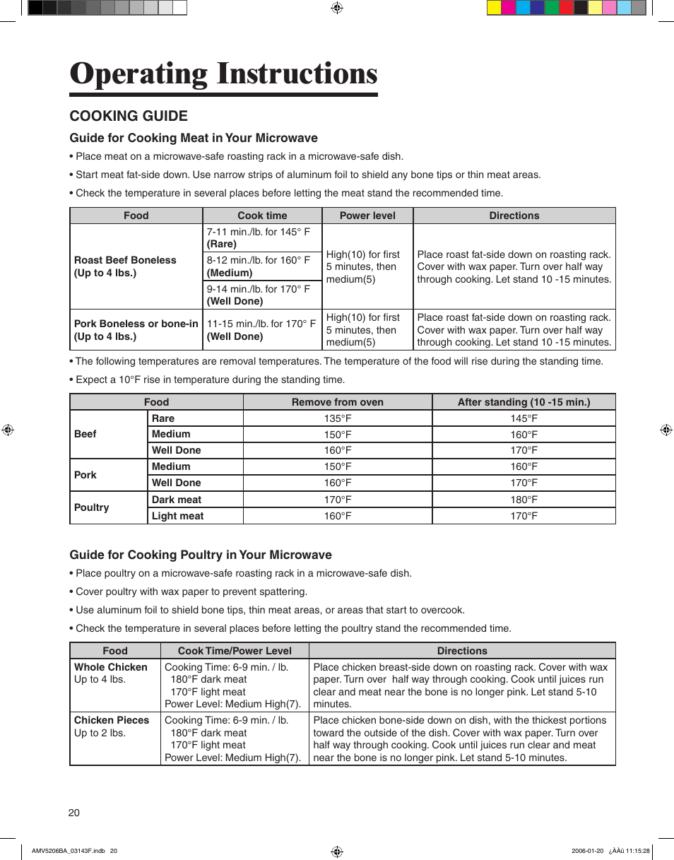 Operating instructions, Cooking guide | Amana AMV5206BA User Manual | Page 20 / 84