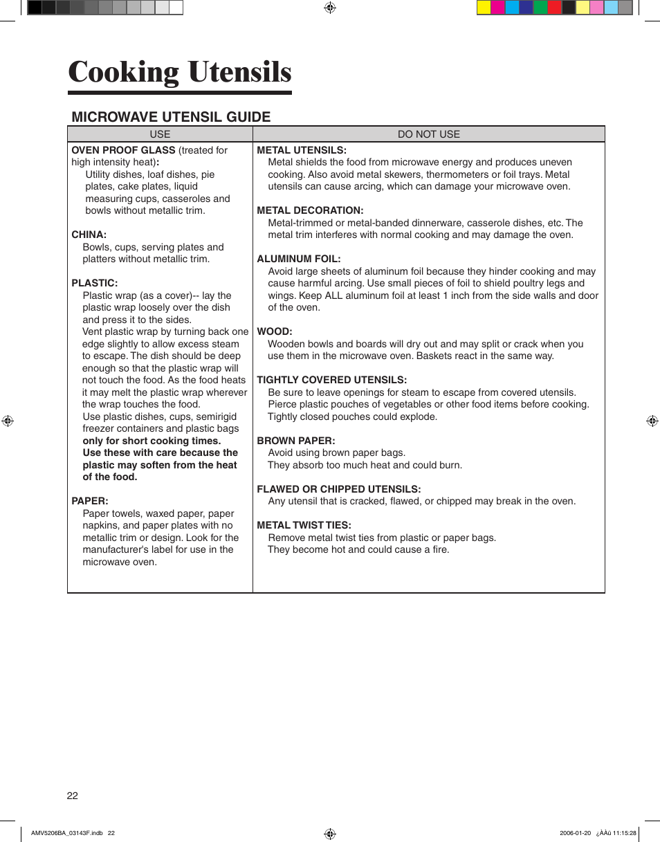 Cooking utensils, Microwave utensil guide | Amana AMV5206BA User Manual | Page 22 / 84