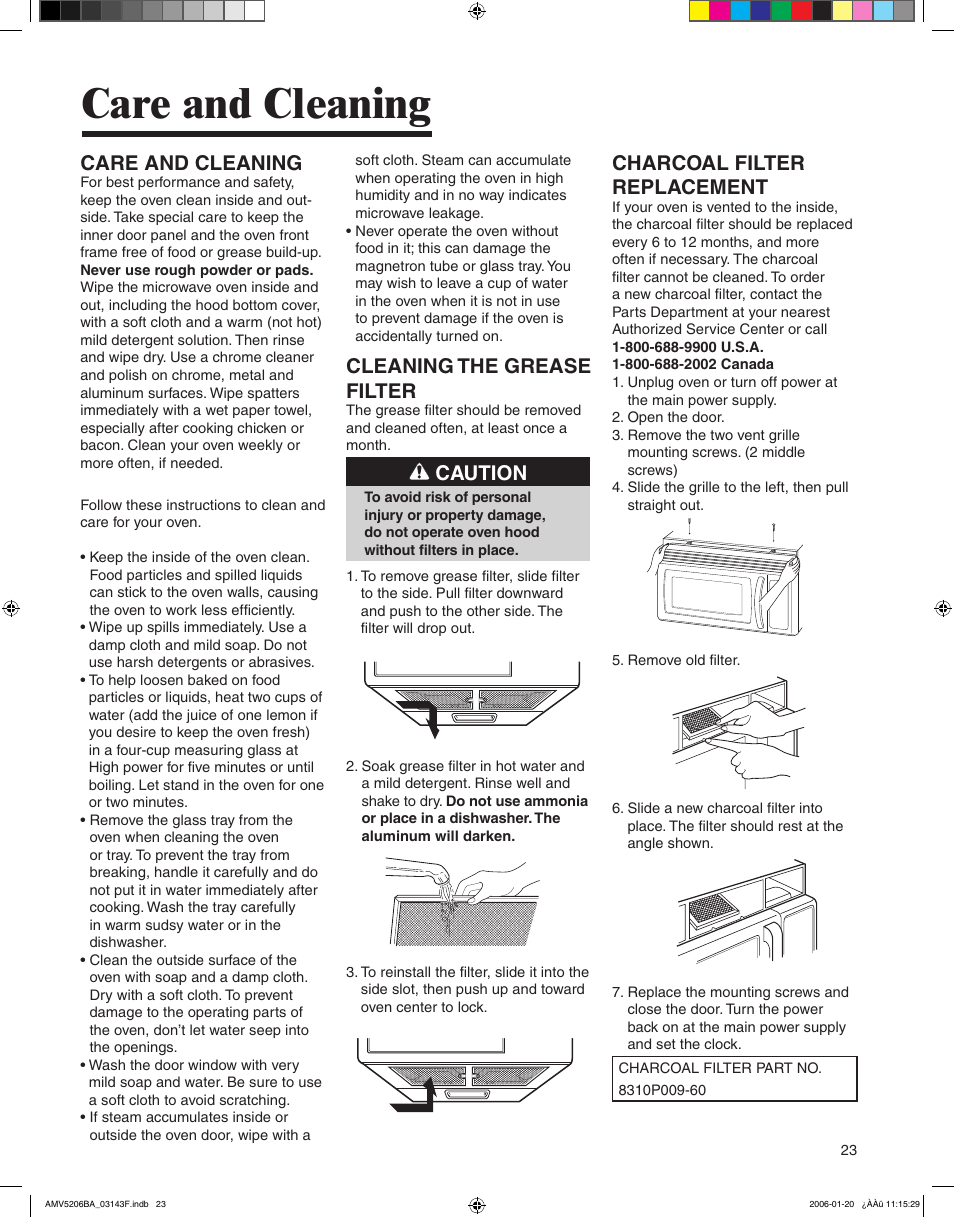 Charcoal filter replacement, Care and cleaning, Cleaning the grease filter | Caution | Amana AMV5206BA User Manual | Page 23 / 84