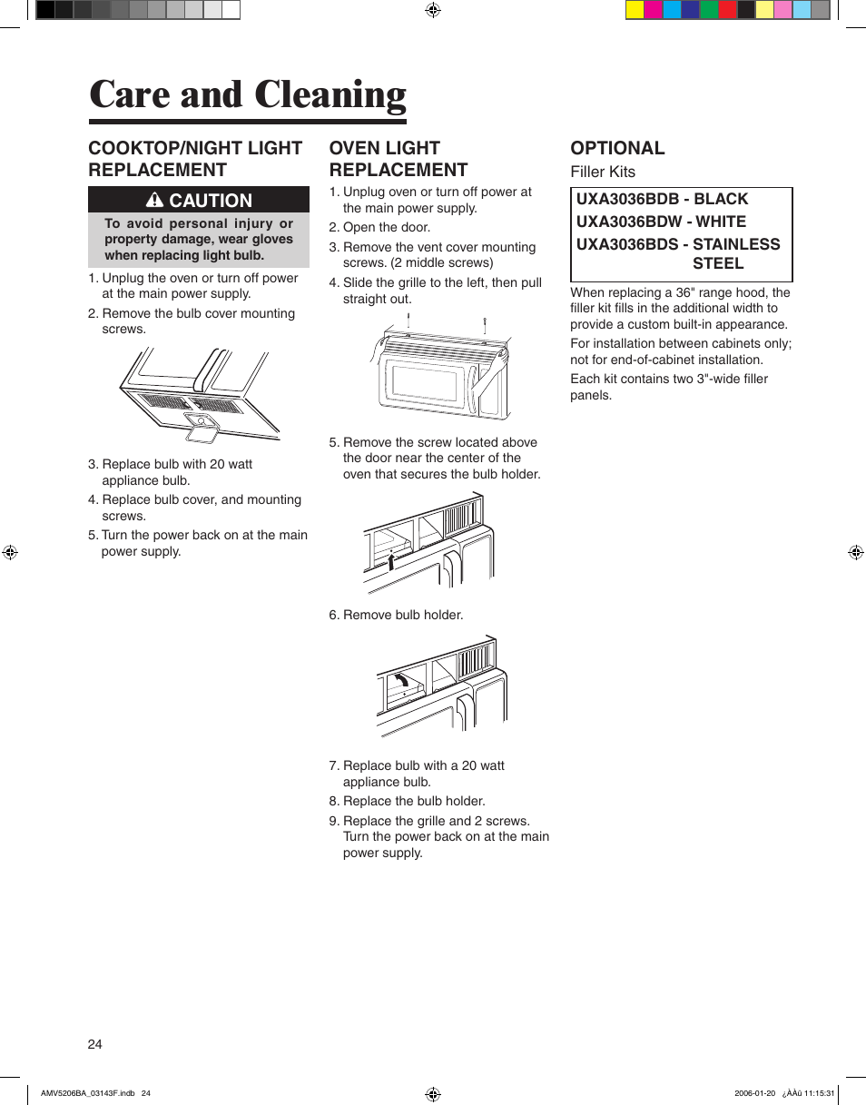 Care and cleaning, Cooktop/night light replacement caution, Oven light replacement | Optional | Amana AMV5206BA User Manual | Page 24 / 84