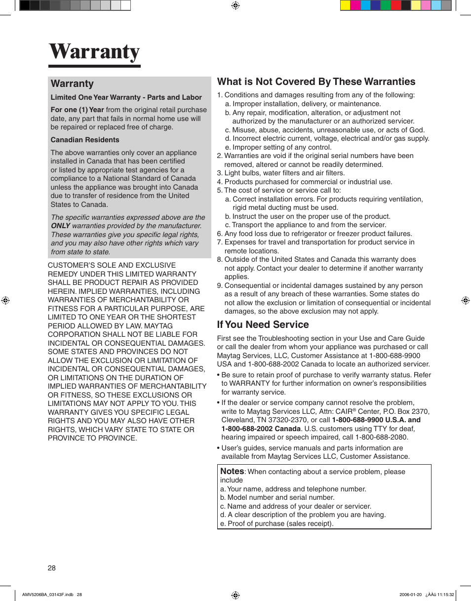 Warranty, What is not covered by these warranties, If you need service | Amana AMV5206BA User Manual | Page 28 / 84