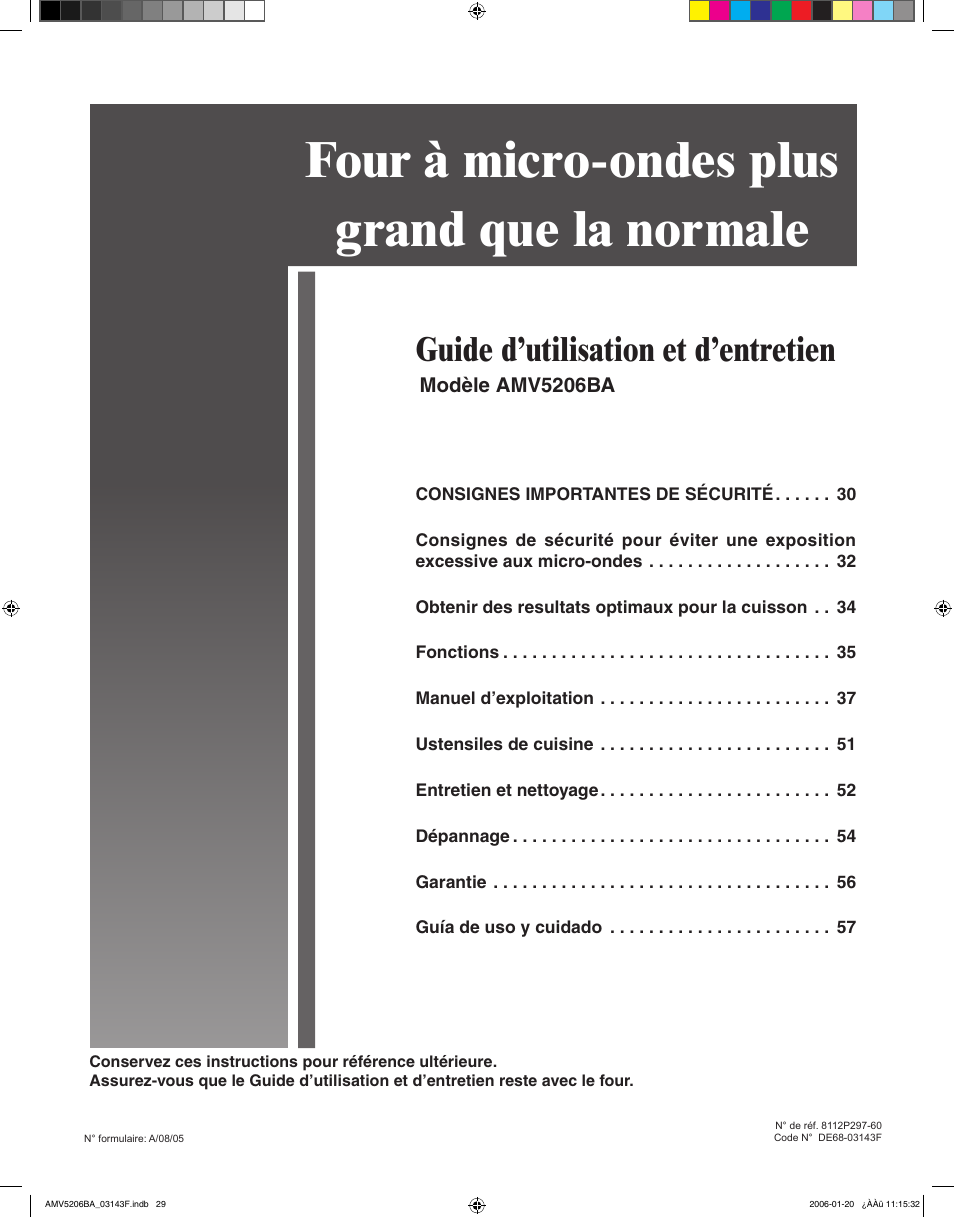 Four à micro-ondes plus grand que la normale, Guide d’utilisation et d’entretien | Amana AMV5206BA User Manual | Page 29 / 84